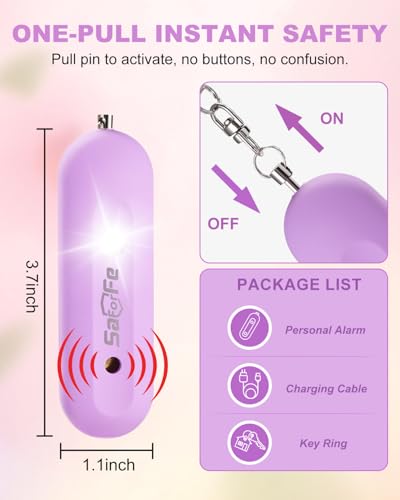 Personal Safety Alarm for Women - Waterproof Rechargeable Security Alarm - 140dB Extra Loud Siren with SOS Strobe Light - Self Defense Keychain for Women Girls Teens Seniors - color: Purple