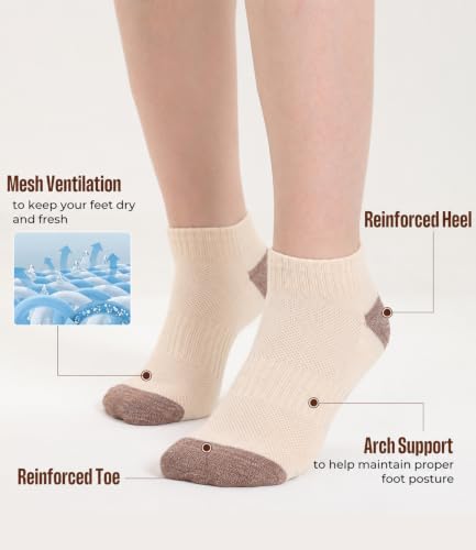 BAMBOO COOL Athletic Ankle Socks Womens Moisture-Wicking 5/6 Pairs - color: White*2,gray*1,khaki*1,black*1, size: Medium