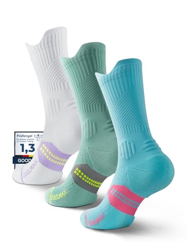 Juclise Women's Compression Crew Running & Hiking Socks, 3 Pairs, Cushioned - color: Bright Lilac+frosty Green+aqua, size: Small