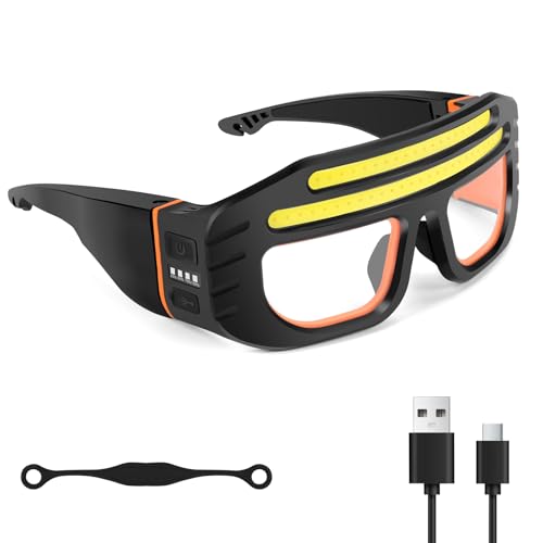 LED Glasses Rechargeable Headlight with COB Light and Clear PC lens, Hands-Free Flashlight Glasses for Mechanics, Night Running Cycling Camping Fishing - Water Resistant Headlamp for Adults