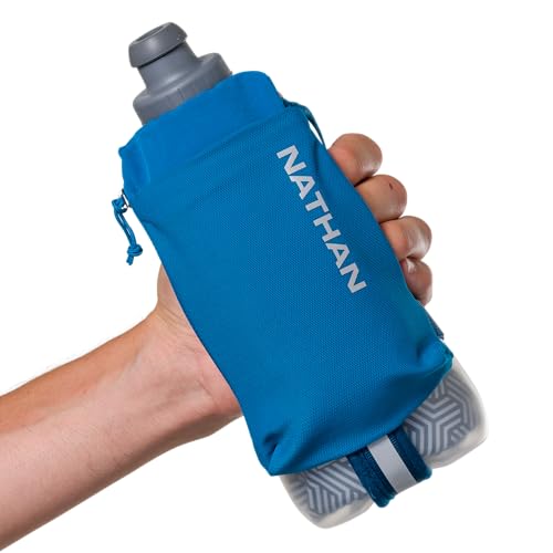Nathan SpeedDraw 2 Insulated Handheld Running Water Bottle Flask – Double-Wall Insulation, Ergonomic Grip, Blast Valve Cap, Phone & Key Storage Pockets, Reflective Design - 18oz, Deep Blue - color: 18oz - Deep Blue