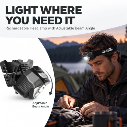 WARSUN Rechargeable Headlamp, Adjustable LED Head Light with Motion Sensor