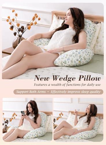 INSEN Wedge Pillow Set for Sleeping and After Surgery, Use for Acid Reflux, Reading and Relaxing, Headboard Pillow for Sitting in Bed - color: Green Flower