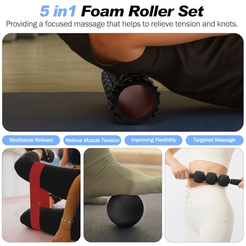5 in 1 Foam Roller Set High Density Patented Foam Roller for Exercise - color: Black Diamond