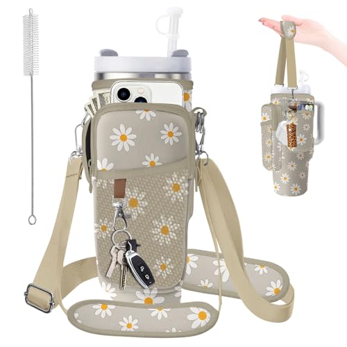 Water Bottle Carrier Bag for Stanley 40/30oz Cup Tumbler with Phone Pocket,Insulated Crossbody Water Bottle Holder with Adjustable Strap,Water Bottle Sling Pouch for Hiking Walking Camping Accessories - color: Khaki Daisy