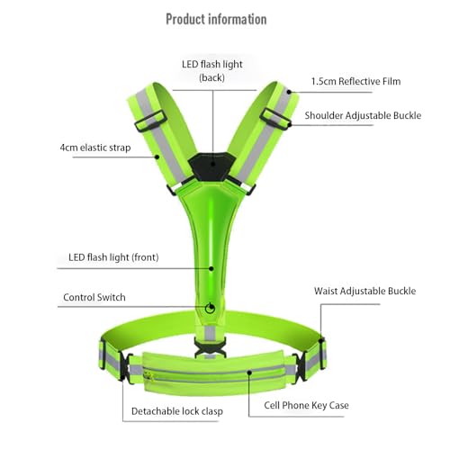 LED High Visibility Reflective Vest, Adjustable Hi Vis Sports Gear Safety Vest with Waterproof Phone Storage Bag Key Case, LED Safety Light for Walking the Dog, Running, Cycling, Motorcycle