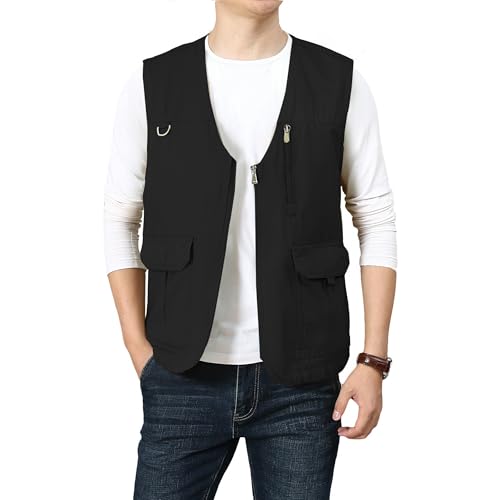 PRIJOUHE Mens Casual Cotton Vest Lightweight Outdoor Fishing Utility Vest - color: 04-black, size: XX-Large