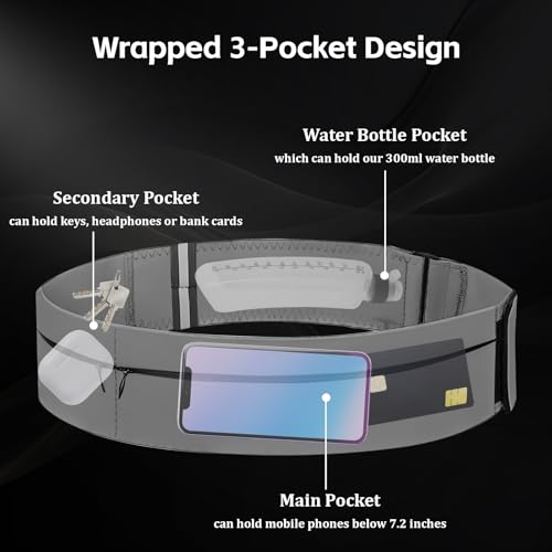 Running Belt for Women & Men-Waterproof Running Bag Belts Fanny Pack with Water Bottle & Cooling towels-Adjustable Reflective Belt Waist Pack with 3 pocket for Jogging, Hiking (Grey, Medium)
