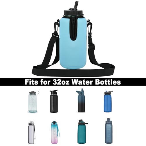 Beautyflier Neoprene Water Bottle Sleeve Insulator Cooler, Compatible with Nalgene Water Bottle 32 OZ, with Adjustable Shoulder Strap for Hydro Flask Wide Mouth 32oz, etc. (Light Blue) - color: Light Blue