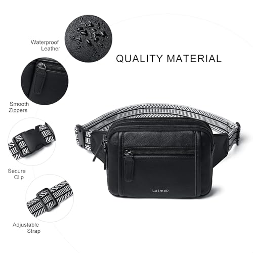LATMAP 3L TRIPLE ZIP Fanny Packs Belt Bag For Women Men Crossbody Waist Pack Sling Chest Bum Travel Bag Purse Faux Leather Fashion Cute Black - color: Black