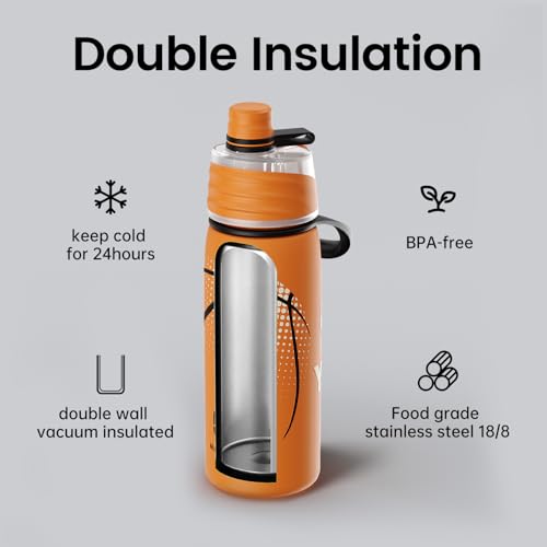 Basketball Water Bottle - 20oz Insulated Misting Water Bottles Stainless Steel 3D Textured - Basketball Accessories Gift for Kids - color: Basketball