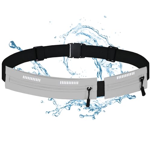 Running Belt Waist Pack, Orange, Dual Zippered Pockets, Adjustable Elastic Band with Reflective Strips (Grey) - color: Grey