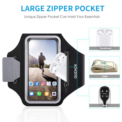 GUZACK Running Armband with Zipper Pouch, Running Phone Holder,Up to 6.9" - color: Black Zipper, size: M