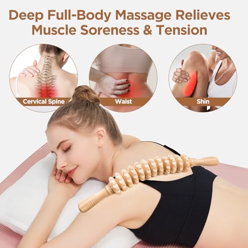 Wooden Cellulite Massage Roller for Legs and Thighs - Handheld Fascia Blaster Tool for Muscle Relief, Lymphatic Drainage & Body Sculpting - Anti Cellulite Massager for Women and Men (12 Wheel)