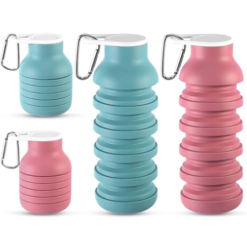 LemonRoad 2 Pcs 20 oz Collapsible Water Bottles, Pink, Teal Blue - color: Pink,Teal Blue