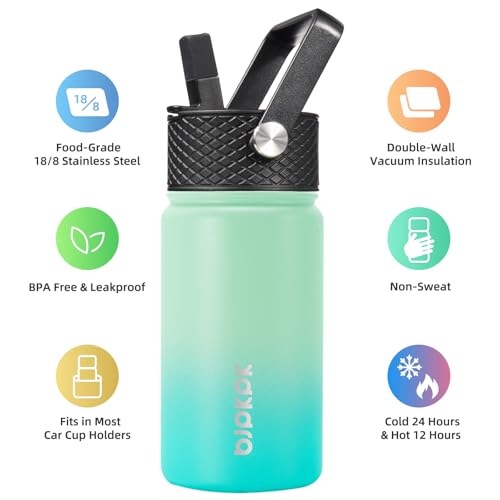 BJPKPK Insulated Water Bottle, 15oz Stainless Steel with Straw Lid - color: Mint, style: 15oz