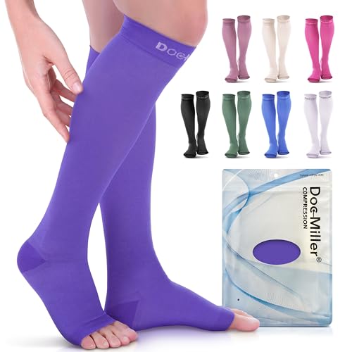Doc Miller Open Toe Compression Socks, 20-30 mmHg, Knee High, Men & Women - color: Violet, size: Small