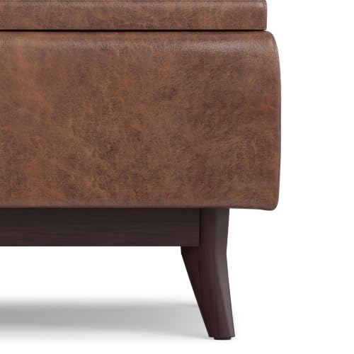 SIMPLIHOME Owen 34" Wide Vegan Leather Tray Top Ottoman in Saddle Brown - color: Distressed Saddle Brown