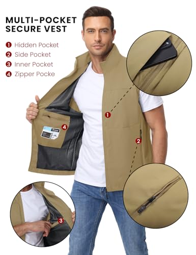 Eisctnd Mens Lightweight Quick Dry Vest Sleeveless Outerwear Utility Jacket - color: Khaki, size: Large