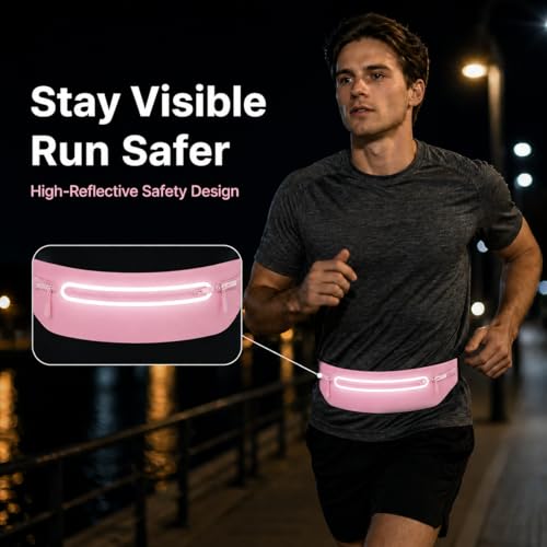 Slim No-Bounce Running Belt - Waterproof Exercise Waist Pack for Marathons, Hiking & Dog Walking - Hidden Travel Money Belt for Phones - color: Pink