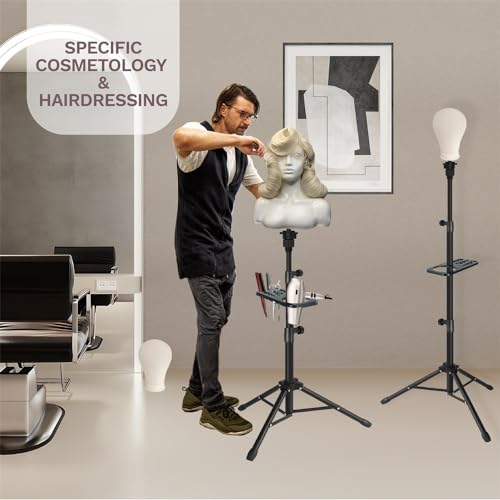 ZQIAN BEAUTY 50 Inch Metal Wig Stand, Adjustable Wig Head Stand, Mannequin Head Stand for Cosmetology Hairdressing, Wig Stand Tripod with Tool Tray (Black, Mannequin Head Not Included) - color: Black, size: 50 Inch