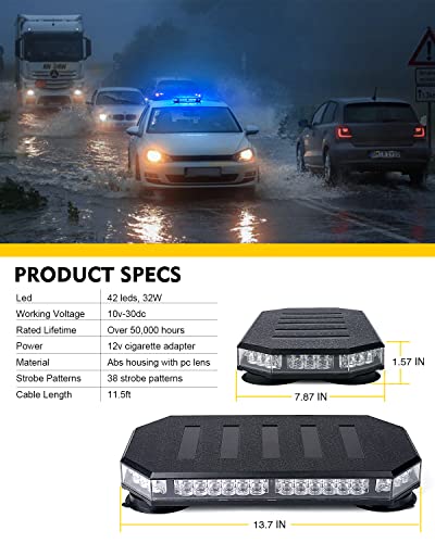 LUMENIX 42 LED Roof Top Strobe Beacon Light Bar, Patent Design, Blue - color: Blue