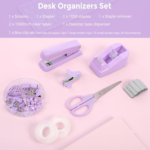 SKYDUE Purple Desk Accessories, Stapler and Tape Dispenser Set,10PCS - color: Purple