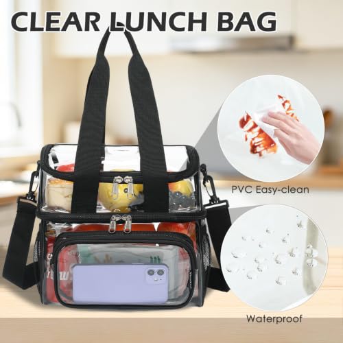 FlowFly Double Layer Cooler Insulated Lunch Bag Adult Lunch Box Large Tote Bag for Men, Women, With Adjustable Strap,Front Pocket and Dual Large Mesh Side Pockets - color: Clear#Black