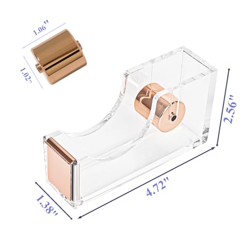 Rose Gold Clear Acrylic Tape Dispenser, Heavy Duty Non-Slip Desk Tape Dispenser with Serrated Stainless Steel Blade, Single Hand Dispensing Tape Holder for Office Home School Gift Wrapping - color: Rose Gold