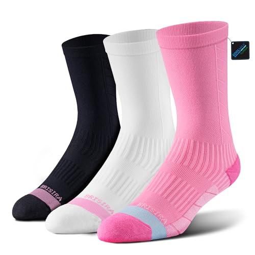 BRISIRA Coolmax Bamboo Viscose Compression Running Crew Socks Women - color: Black + White + Pink, size: 8-10