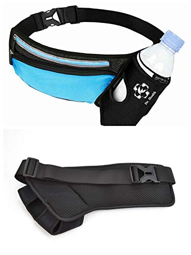 Running Belt Sport Waist Pack with Water Bottle Holder Hydration Belt Fanny Pack Reflective Stripes Cellphone Storage Earphone hole for Dog walker Hiking Travel (BLACK/BLUE) - color: BLACK/Light BLUE