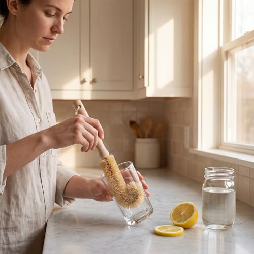 2-Piece Wooden Bottle Brush Set - Includes Tapered Cup Brush & L-Shape Coconut Scrubber - Beech Wood Cleaning Kit for Water Bottles, Glassware & Vases - size: 2 Piece Set - Tapered + L-Shape