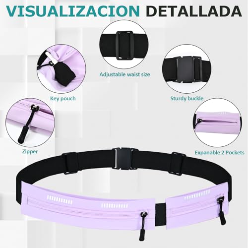 Running Belt Waist Pack, Orange, Dual Zippered Pockets, Adjustable Elastic Band with Reflective Strips (Purple) - color: Purple