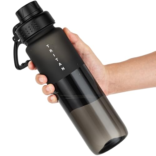 OLDLEY 32 oz Water Bottle with Handle, BPA-Free Tritan Reusable Sports Water Bottle with Leak-Proof Dust Lid, Wide Mouth, Cup Holder Friendly, Half Frosted Clear Bottle for Gym, Travel, Work,Black - color: Black