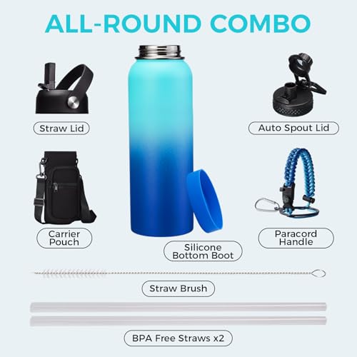 Metal Water Bottle 40oz - Stainless Steel Water Bottles with Straw Spout Lid, Sleeve Carry Strap, Vacuum Insulated, Leak Proof, BPA Free Water Jug, Modern Reusable Waterbottle Gym Biking Camping - color: Ocean Blue, size: 40 Ounces
