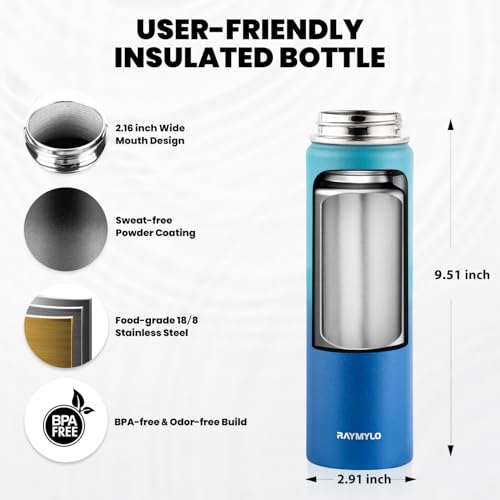RAYMYLO Insulated Water Bottle 20 oz, Triple Wall Vacuum Stainless Steel - color: Cyan Blue, size: 20 Ounces