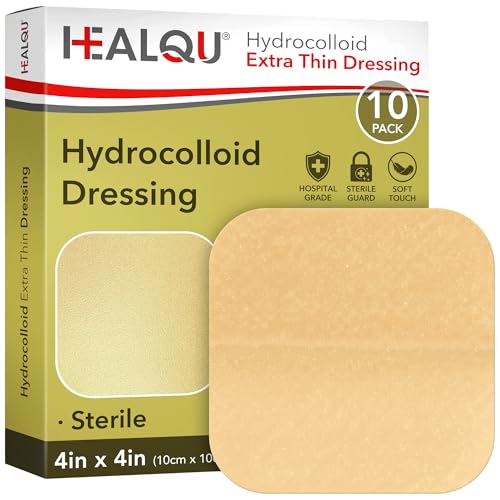 Healqu Hydrocolloid Wound Dressing - 4x4 Thin - Box of 10 Large Bandages - Sterilized Bordered Hydrocolloid Patches for Bed Sores, Abrasions, and More - Waterproof and Absorbent with Protective - size: 4x4" Thin - Box of 10