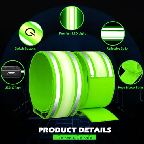 LED Armband Rechargeable for Running(2 Pack),Light Up Arm Bands for Night Walking,Running Lights for Runners,High Visibility Reflective Running Gearr for Night Safety Light Up Wristbands - size: Green
