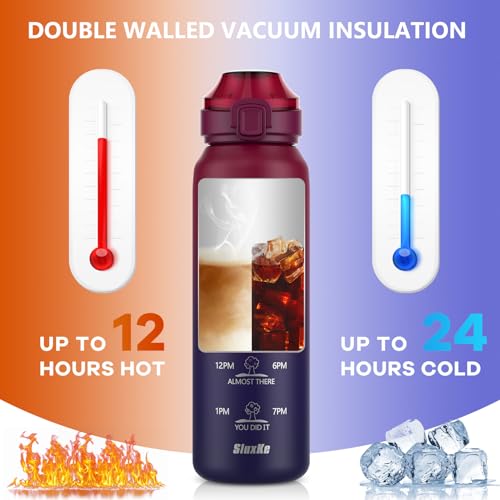 SLUXKE Insulated Water Bottle 24oz, Double Wall Vacuum 18/10 Stainless Steel Bottle with 2Lids, Leak Proof & BPA-Free, 700ml Hydro Water Flask with Handle & Straw Spout Lids RED BLACK - color: RED BLACK, size: 24 Ounces