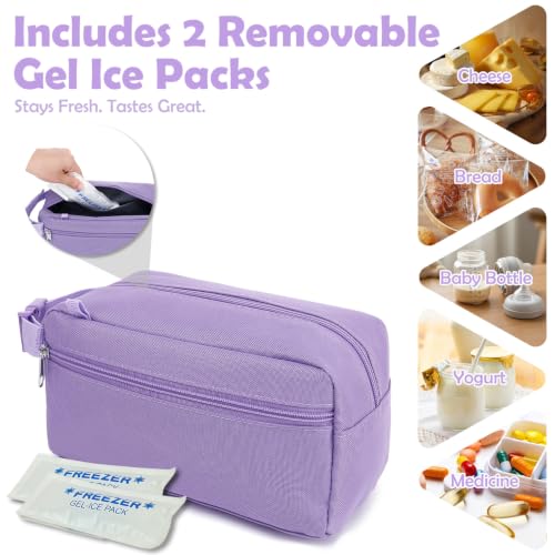 Fammart Freezable Snack Bag with Removable Ice Packs, Small Insulated Lunch Bag Mini Cooler, Leakproof Reusable Snack Lunch Box with Buckle Handle for Work, Travel, Office - Purple - color: with Ice Packs - Purple