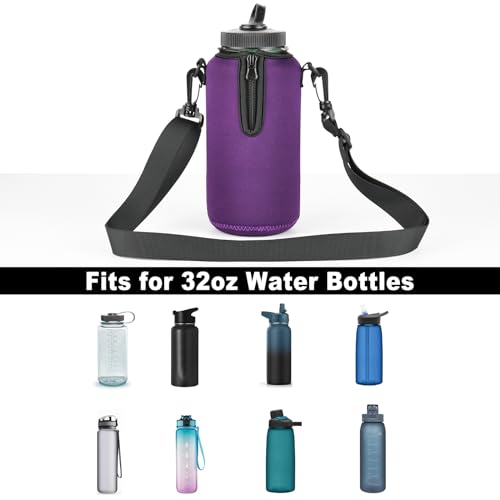 Beautyflier Neoprene Water Bottle Sleeve Insulator Cooler, Compatible with Nalgene Water Bottle 32 OZ, with Adjustable Shoulder Strap for Hydro Flask Wide Mouth Bottle 32oz, etc. (Purple) - color: Purple