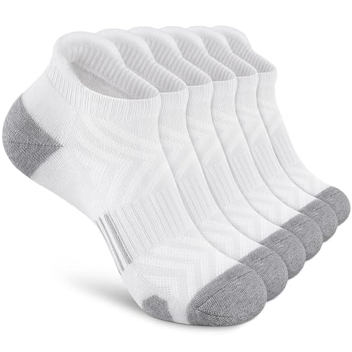 Felicigeely Athletic Running Ankle Socks Cushioned Low Cut Men Women 6 Pack - color: White+grey Stripe, size: 9-12