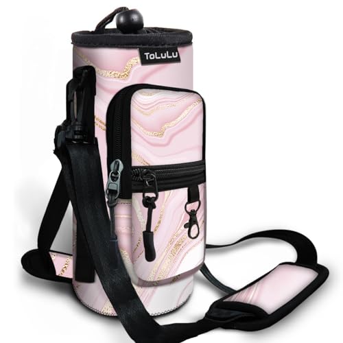 ToLuLu 25/32/40oz Water Bottle Carrier Bag Pocket,Insulated Neoprene Adjustable Shoulder Strap Water Bottle Pouch Case, Crossbody Water Bottle Holder Sling Sleeve for Men Women Adults - color: Pink Marble, size: 25 OZ