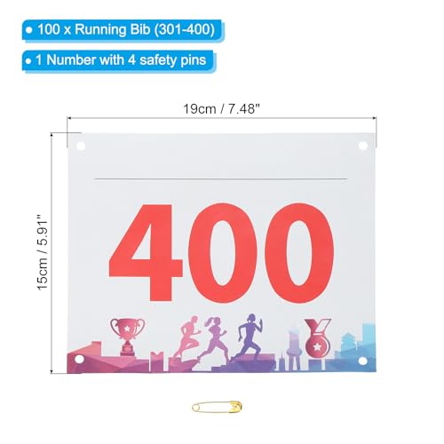 PATIKIL Tearproof Running Bib Numbers, Medals Waterproof Race Competitor Numbers with Safety Pin for Marathon Sports Game Competition Runner - style: 301-400