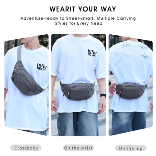 Large Fanny Pack for Men Women NSYOOMH, Crossbody Waist Bag 5-Zipper Pocket - color: Grey