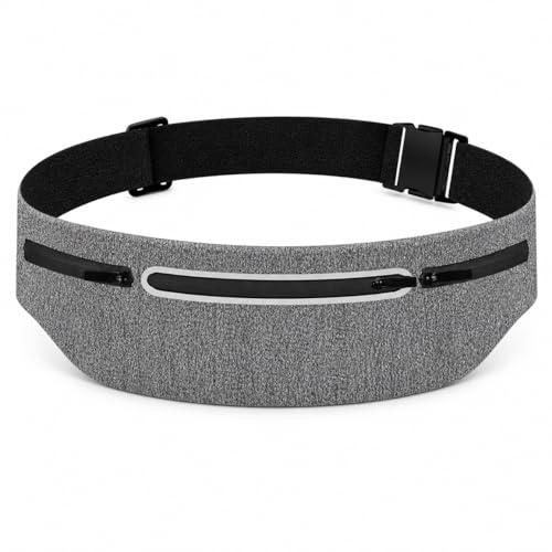 Slim No-Bounce Running Belt - Waterproof Exercise Waist Pack for Marathons, Hiking & Dog Walking - Hidden Travel Money Belt for Phones - color: Light Gray