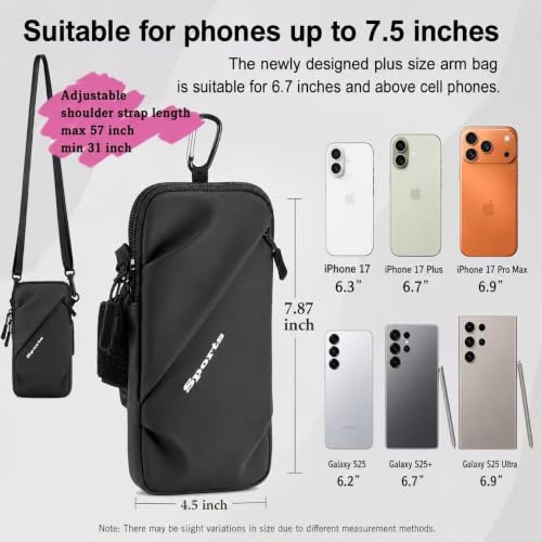 Phone Holder Arm Bands, Small Crossbody Shoulder Holsters Bag with Arm Band, Fits iPhone and All Cell Phones, Use for Running, Walking, Hiking & Biking (Plus Size,Black) - color: Black