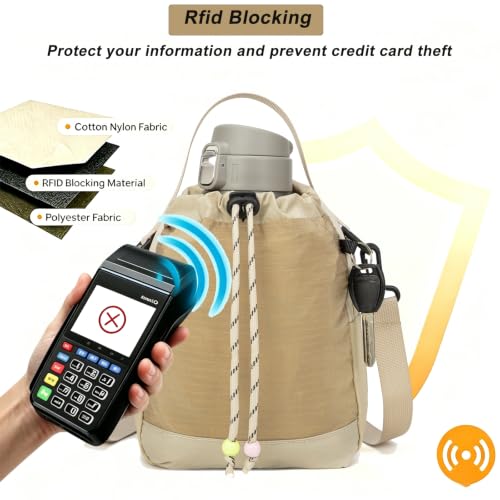 Water Bottle Carrier Bag with Strap, Water Bottle Holder Crossbody Backpack Handbags for Women Men for Hiking - color: Khaki