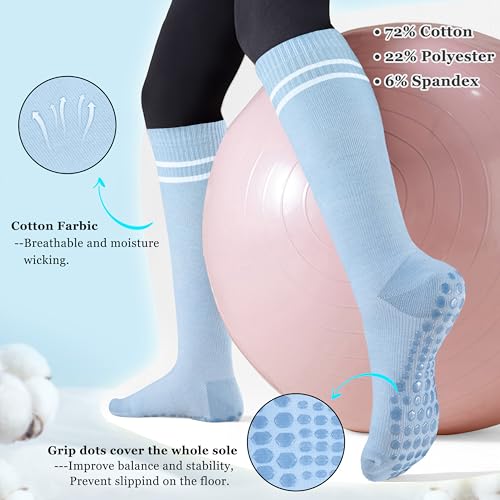 Cotton Compression Socks Women&Men with Grips Non Slip 15-20mmHg Knee High Graduated Sock for Nurse, Pregnancy, Yoga - color: 01-3 Pairs-white Pink Blue, size: Small-Medium