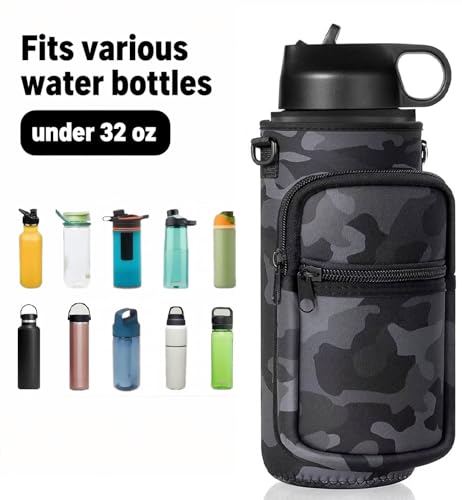 40oz Neoprene Water Bottle Sling with Phone Pocket, Crossbody - color: Camo Black, size: 32oz Short